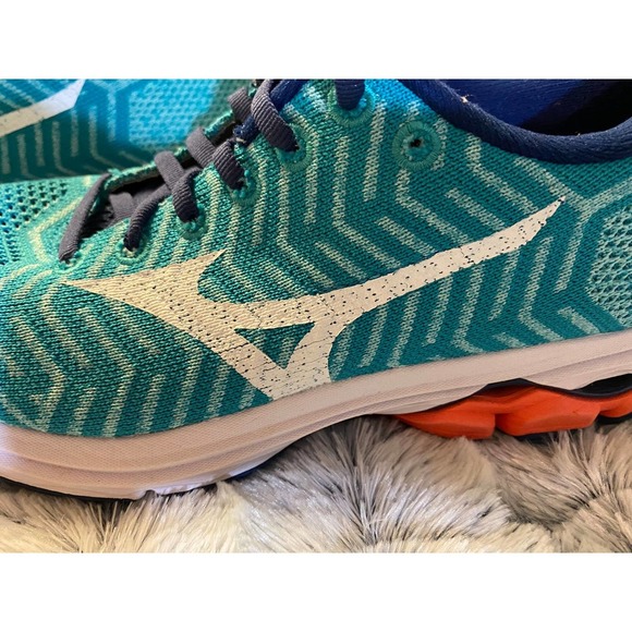 Womens Mizuno Running Shoes 7.5 WaveKnit R2 Teal Navy Orange - Picture 6 of 8